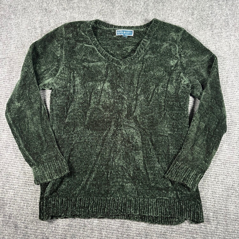 Karen Scott Chenille Sweater Womens PXL Green Excellent V-Neck Long Sleeve